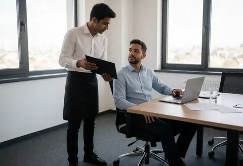 Un serveur en tablier présente les options du menu à un client assis dans un bureau avec un ordinateur portable.