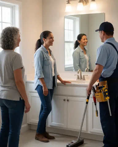 Une femme sourit devant un lavabo neuf tandis qu'un plombier la regarde avec ses outils dans un bain moderne et lumineux.