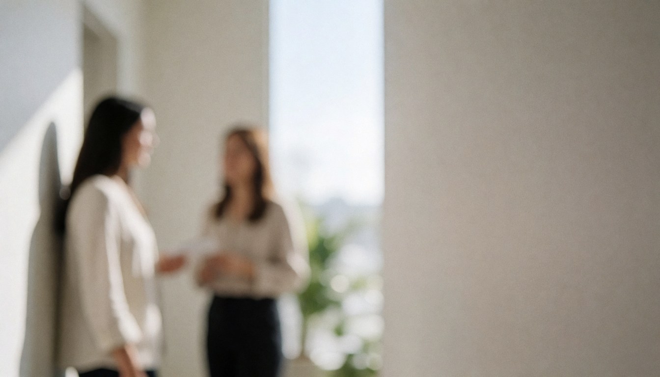 Couloir de clinique éclairé par une lumière naturelle douce, aux murs neutres, avec deux personnes floues en arrière-plan, adapté au contenu psychologique.