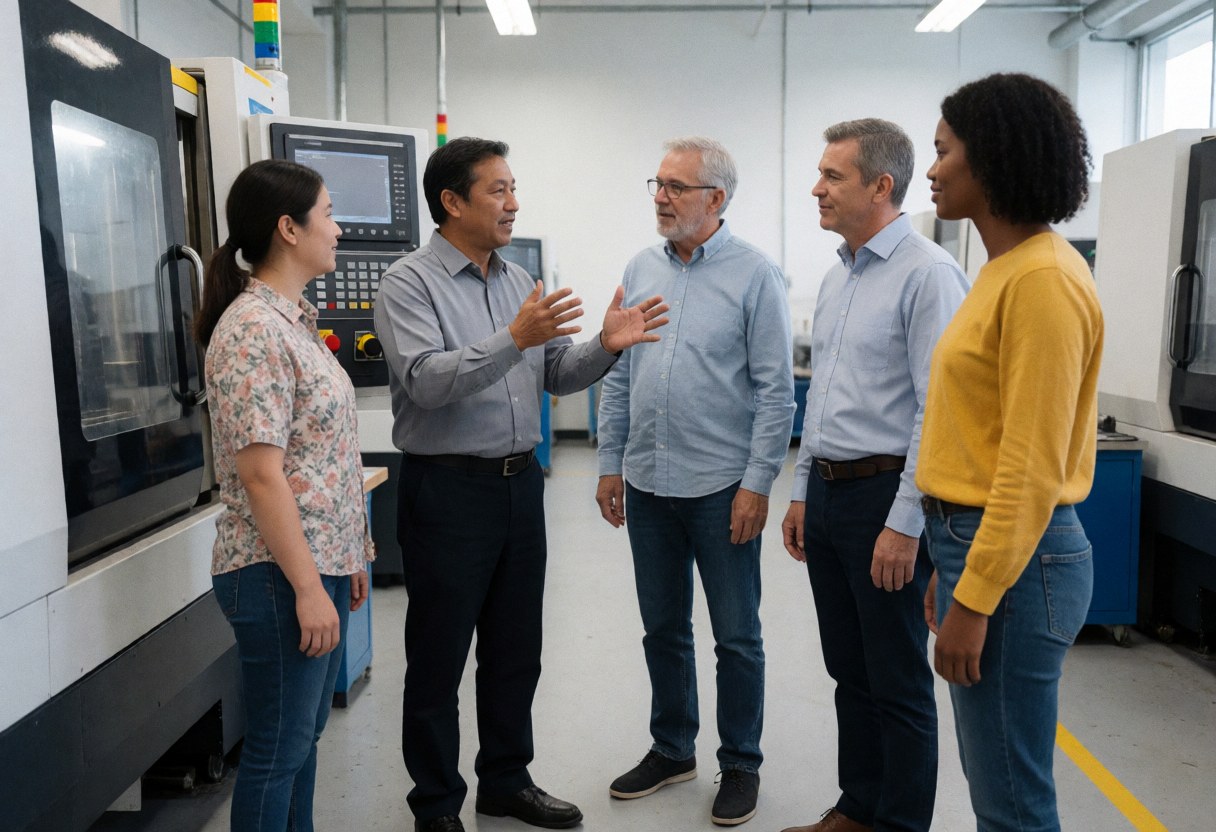 Groupe de personnes en usine, l'une explique avec des gestes devant une machine industrielle, les autres écoutent attentivement dans un environnement propre et bien éclairé.