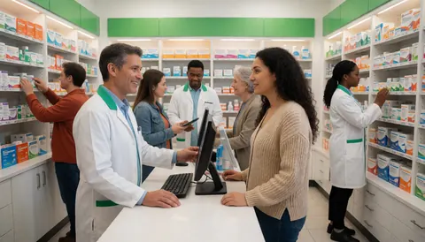 Intérieur d'une pharmacie moderne où des pharmaciens accompagnent des clients, avec des étagères de médicaments et un environnement propre et organisé.