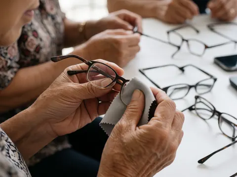 Des mains soigneuses nettoient des lunettes avec un chiffon en microfibre sur une table avec d'autres lunettes et des outils optiques.