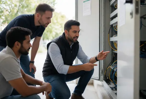 Un agent technique explique les détails de l'équipement électrique à deux clients dans un centre industriel, avec des câbles et des panneaux visibles.