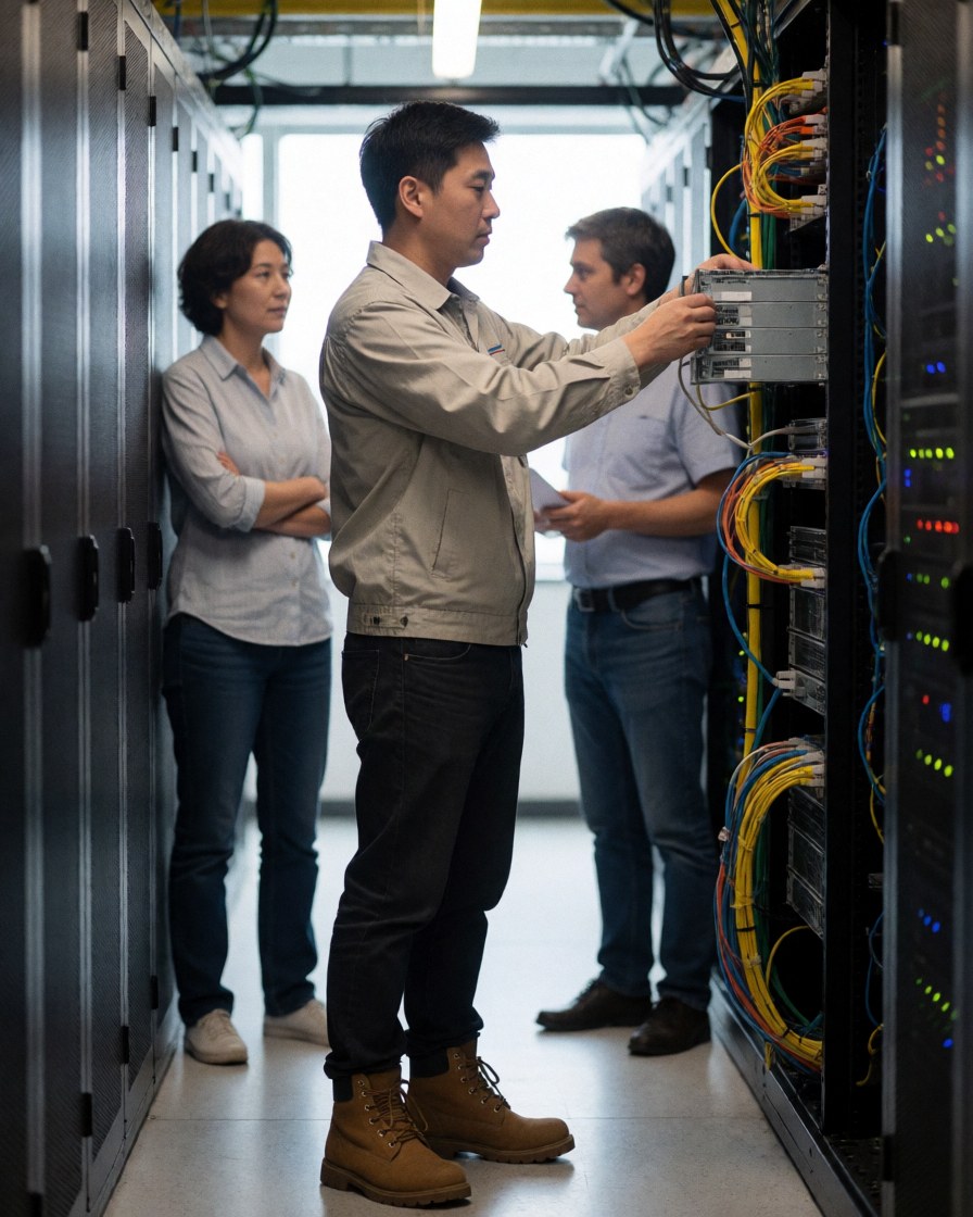 Un technicien installe du matériel informatique dans un centre de données, tandis que deux collègues observent attentivement les serveurs et les câbles.