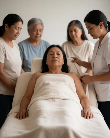 Une femme âgée les yeux fermés profite d'un massage sur une table, entourée d'autres femmes dans un environnement calme et chaleureux.