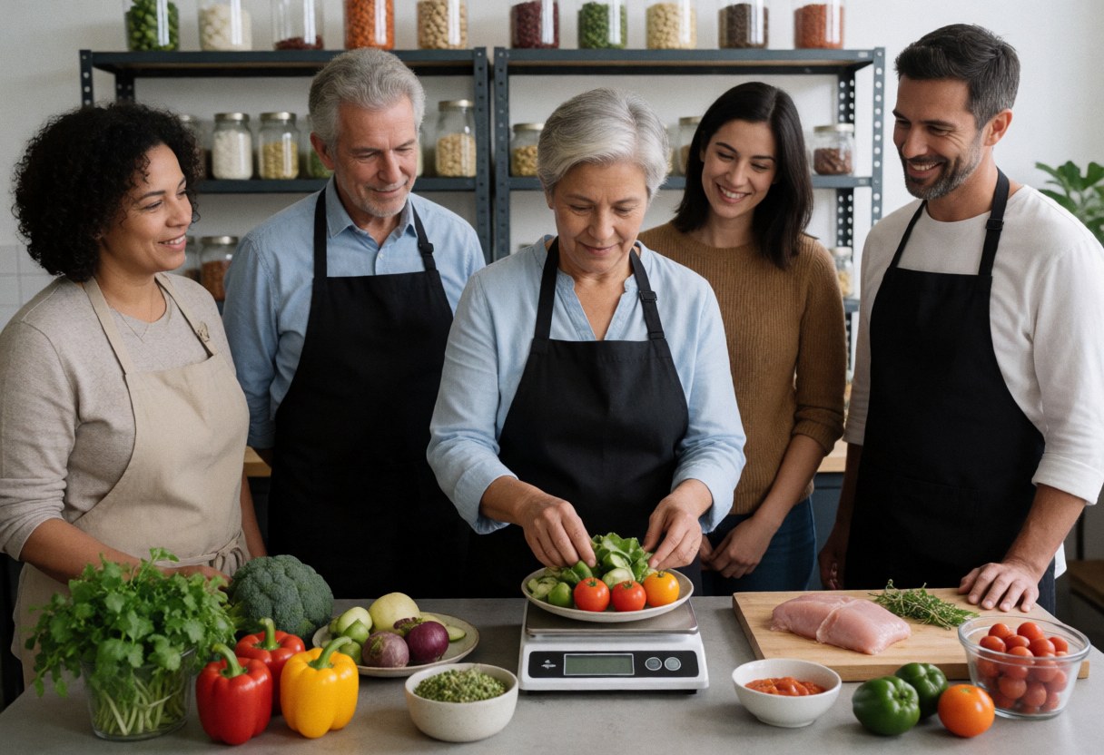Groupe d'adultes en cuisine préparant un repas équilibré avec des légumes et des protéines, un nutritionniste utilise une balance numérique au centre.