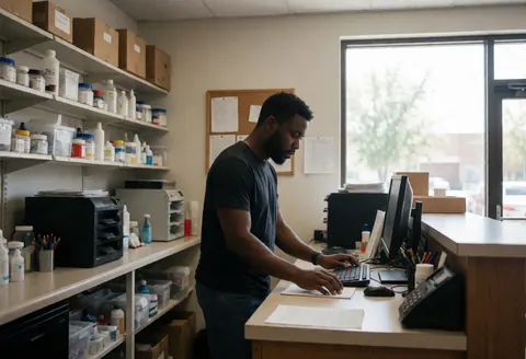 Un entrepreneur travaille dans son bureau, entouré d'étagères remplies de fournitures et d'équipements, utilisant un ordinateur avec lumière naturelle par la fenêtre.
