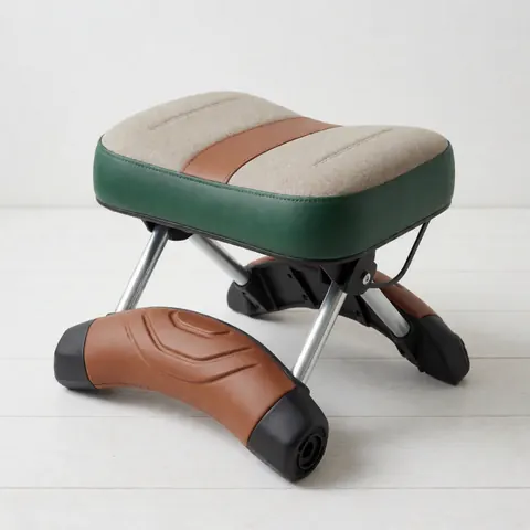 Tabouret de jardinage avec coussin beige marron et vert sur sol en bois : photo de produit pour le site web de paysagistes