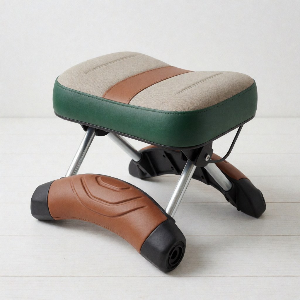 Tabouret de jardinage avec coussin beige marron et vert sur sol en bois : photo de produit pour le site web de paysagistes