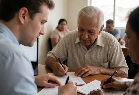 Un volontaire assiste une personne âgée pour remplir des formulaires dans un bureau communautaire tandis que d'autres bénévoles travaillent en arrière-plan.