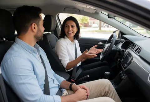 Instructrice de conduite à l'intérieur d'un véhicule, expliquant des gestes à un client sur une route.