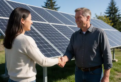Un technicien et un client souriants signent un accord devant des panneaux solaires installés par temps ensoleillé, dans une scène commerciale authentique.