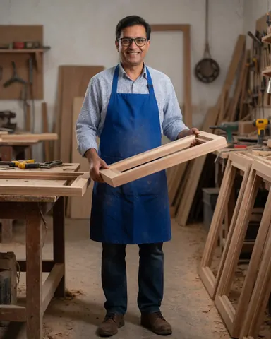 Portrait d'un menuisier professionnel souriant tenant un cadre en bois dans son atelier avec des outils et des meubles en cours de fabrication.