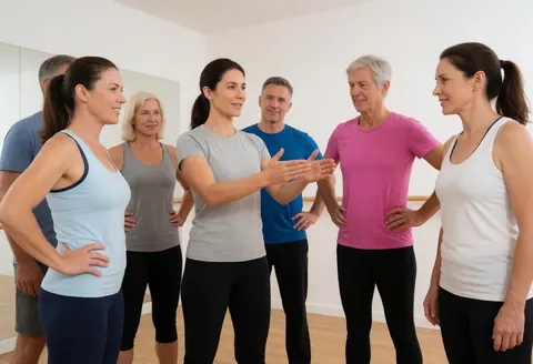 Instructrice de yoga guidant un groupe d'adultes dans un studio aux murs blancs et au sol en bois clair.