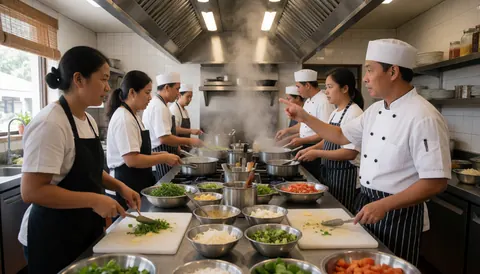 Chef dirigeant son équipe dans une cuisine profession avec des ingrédients frais et de la vapeur s'échappant des poêles.