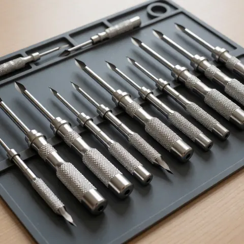 Ensemble de tournevis de précision avec poignées texturées, disposés dans un étui noir sur une surface en bois clair.