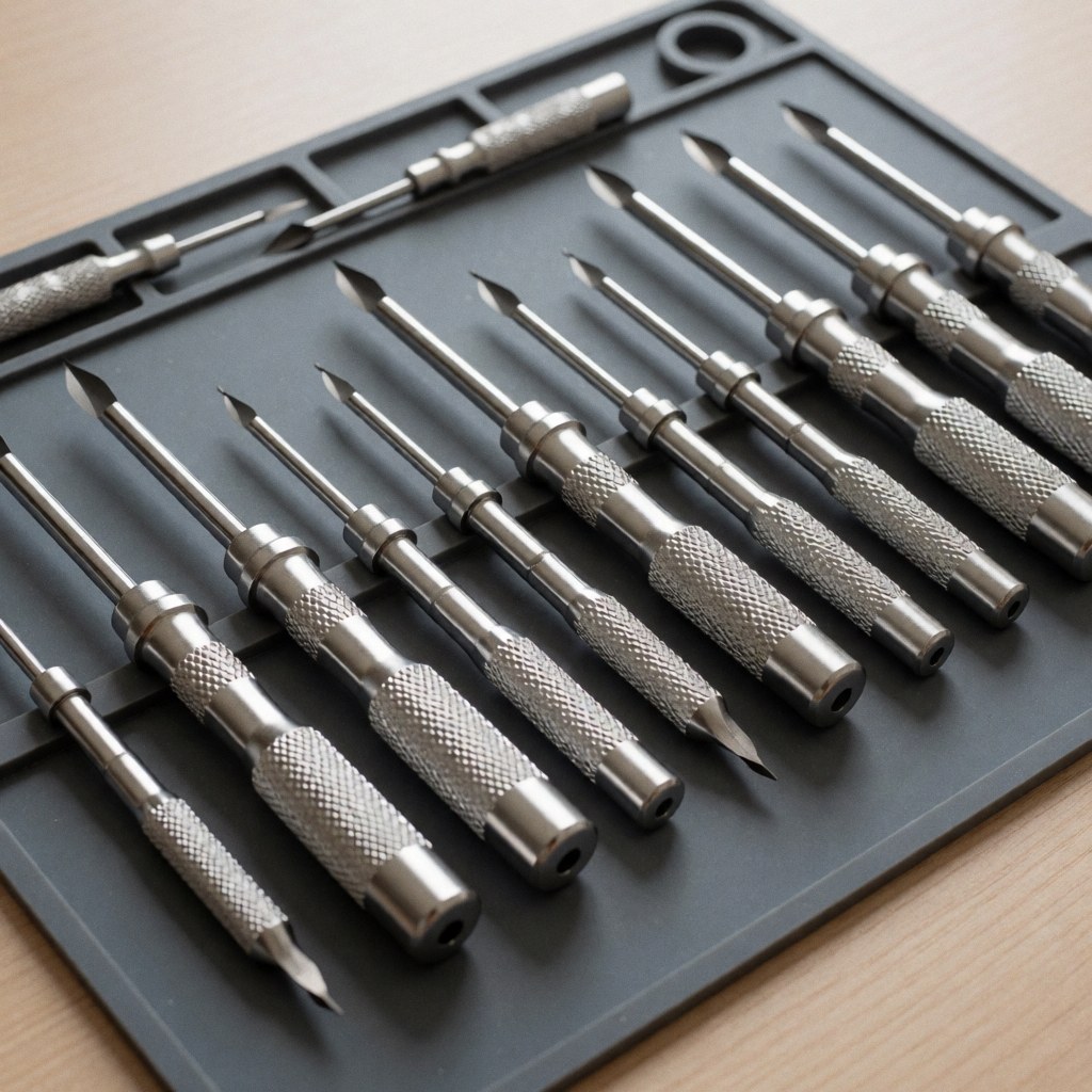 Ensemble de tournevis de précision avec poignées texturées, disposés dans un étui noir sur une surface en bois clair.