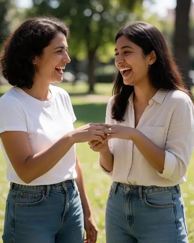 Deux jeunes femmes riant dans un parc, l'une montrant une bague de fiançailles, vêtues de jeans et de vêtements décontractés.