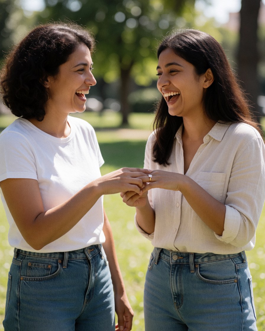 Deux jeunes femmes riant dans un parc, l'une montrant une bague de fiançailles, vêtues de jeans et de vêtements décontractés.