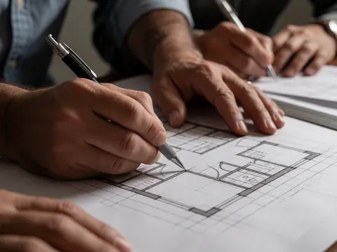 Des mains d'adultes dessinant avec précision un plan architectural sur papier à l'aide d'un crayon et d'une règle dans un cadre professionnel.