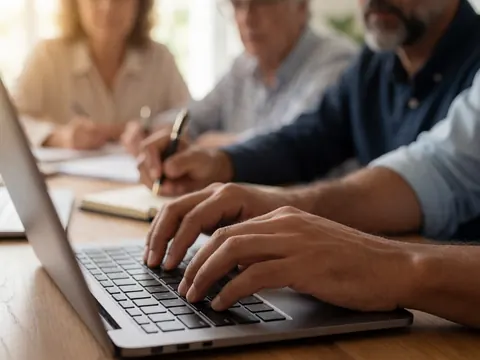 Gros plan sur des mains masculines utilisant un clavier d'ordinateur portable avec un arrière-plan flou et une lumière naturelle chaude dans un espace de travail domestique.