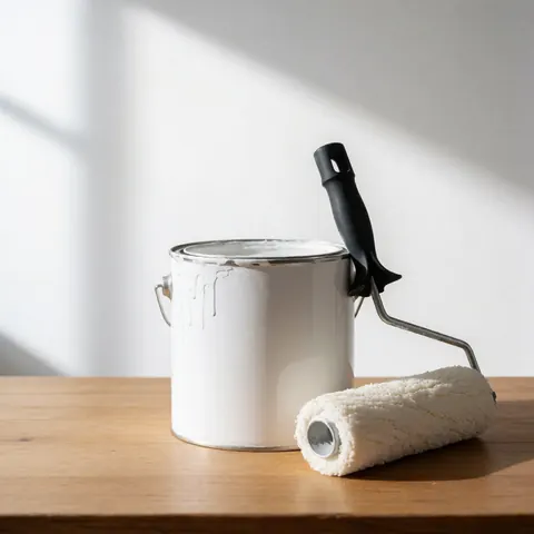 Un pot de peinture blanche et un rouleau posés sur une table en bois, éclairés par une lumière naturelle douce créant des ombres subtiles sur un mur blanc en arrière-plan.