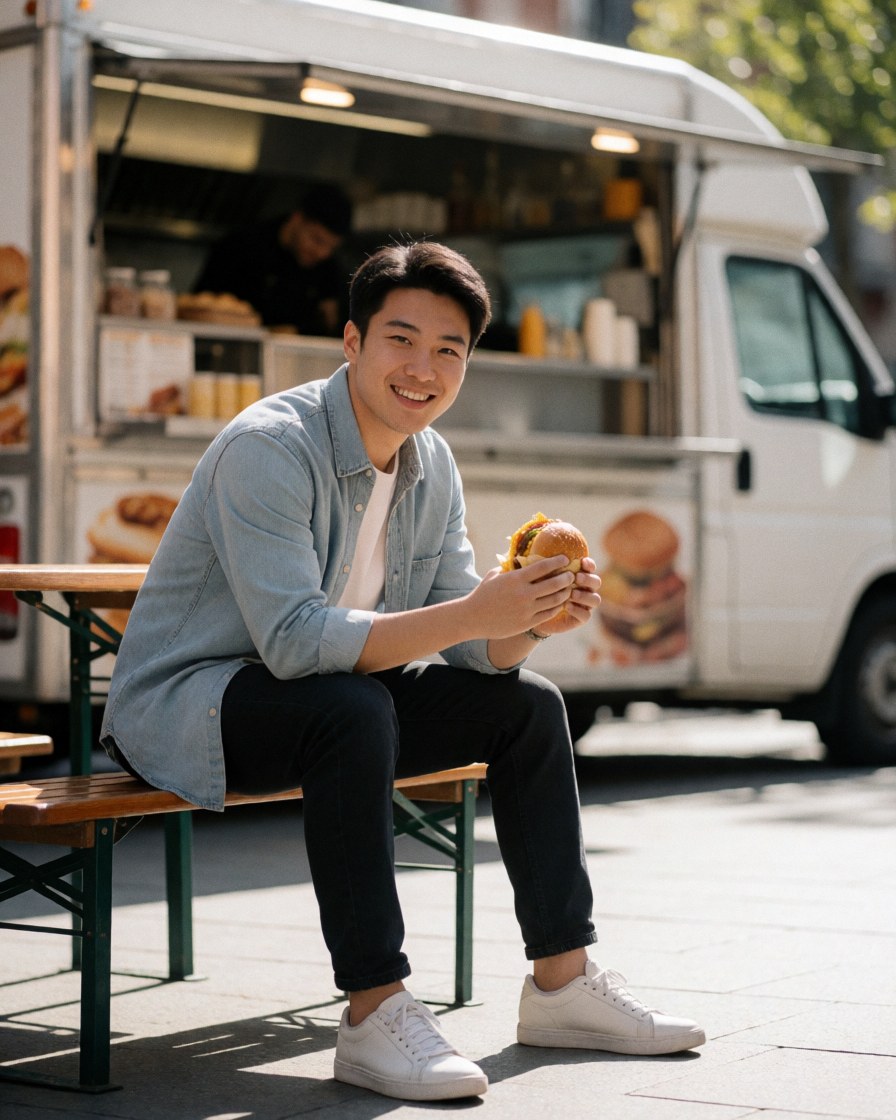 Un jeune homme souriant tient un hamburger en main, assis sur un banc devant un food truck sous un soleil radieux, dans une ambiance décontractée.