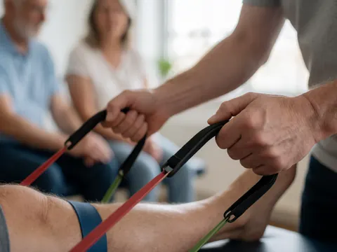 Un physiothérapeute applique une bande de résistance sur la jambe d'un patient dans un cabinet, tandis que d'autres adultes observent en arrière-plan.