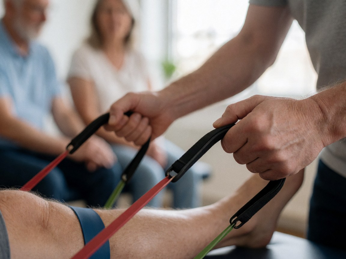 Un physiothérapeute applique une bande de résistance sur la jambe d'un patient dans un cabinet, tandis que d'autres adultes observent en arrière-plan.