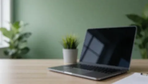 Un bureau d'office propre avec un ordinateur portable et une plante sur un fond vert, créant une ambiance professionnelle et ordonnée.