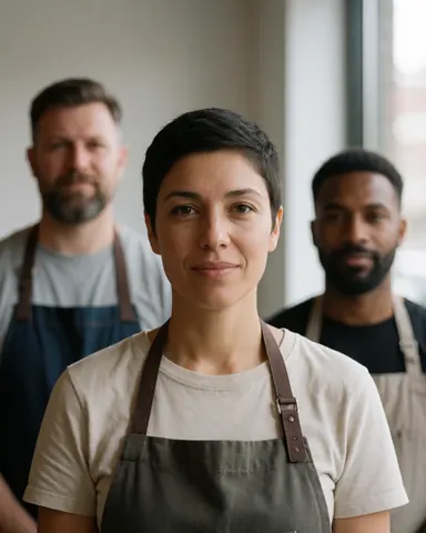 Un barista souriant portant un tablier, avec deux collègues en arrière-plan, dans un environnement de torréfaction moderne et lumineux.