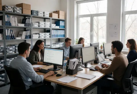 Groupe de professionnels travaillant sur des ordinateurs dans un bureau avec des étagères et de grandes fenêtres.