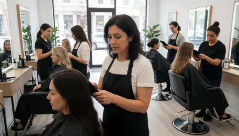 Un coiffeur coupe les cheveux d'un client dans un salon moderne avec d'autres professionnels et clients en arrière-plan.