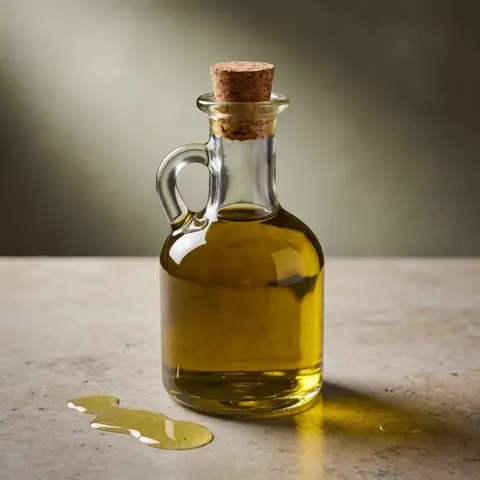 Bouteille en verre contenant de l'huile d'olive avec des gouttes répandues sur une surface en pierre, éclairage chaleureux et élégant.