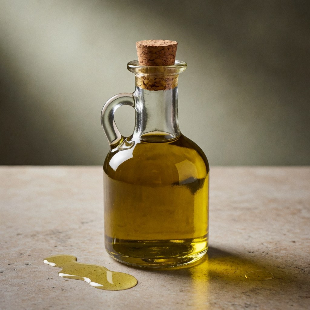 Bouteille en verre contenant de l'huile d'olive avec des gouttes répandues sur une surface en pierre, éclairage chaleureux et élégant.