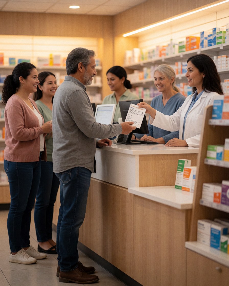 Une cliente reçoit son ordonnance dans une pharmacie, avec une pharmacienne souriante dans un environnement chaleureux et professionnel.