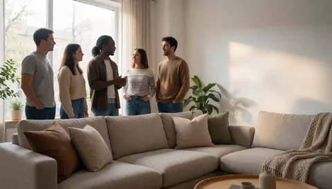 Salon moderne avec canapé beige, coussins, plantes et cinq personnes discutant près d'une fenêtre baignée de lumière naturelle.
