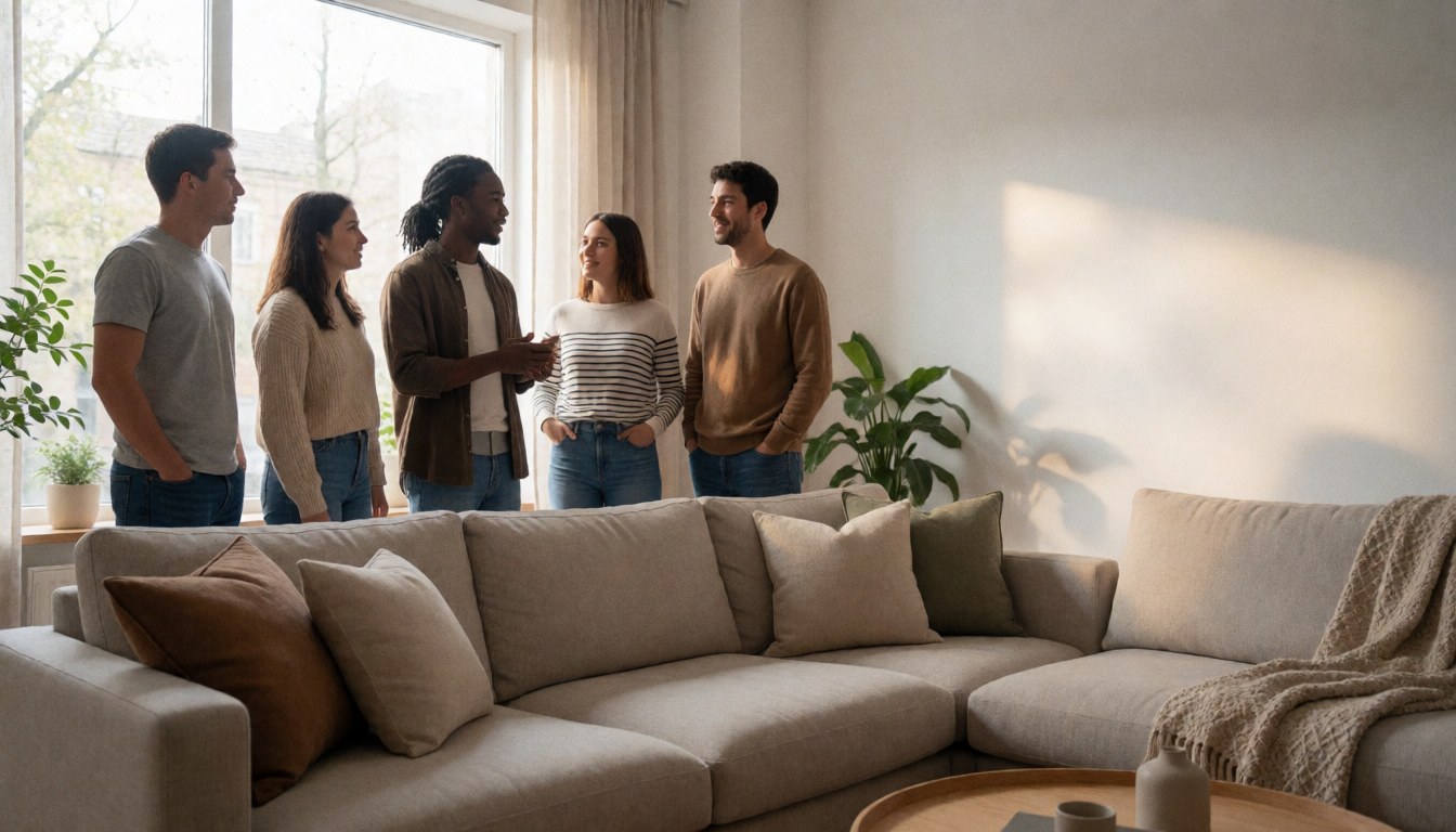Salon moderne avec canapé beige, coussins, plantes et cinq personnes discutant près d'une fenêtre baignée de lumière naturelle.