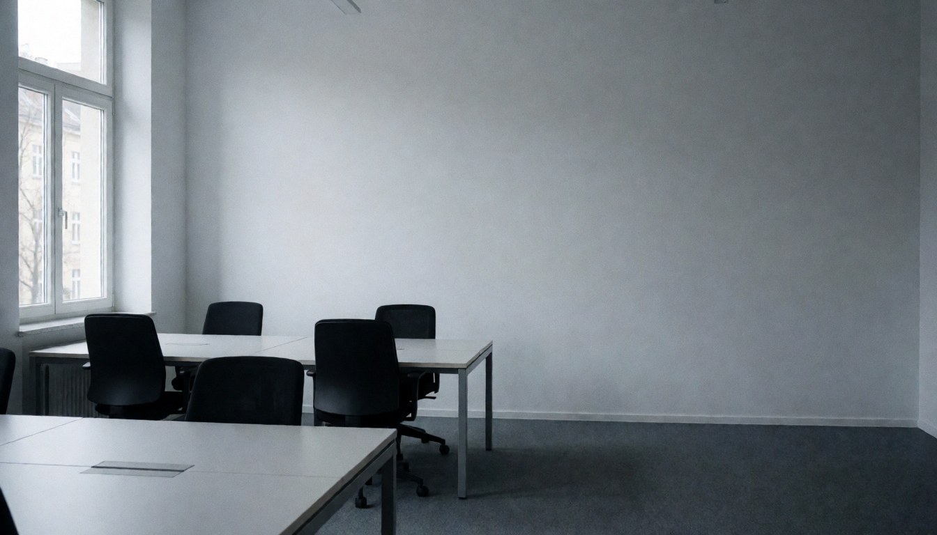 Espace de bureau moderne et vide, équipé de tables et de chaises noires, murs gris et lumière naturelle entrant par une fenêtre, servant de fond pour du texte.