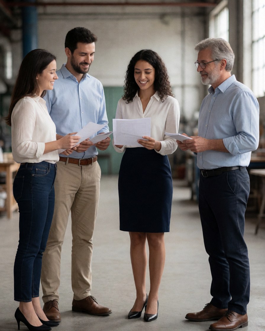 Quatre professionnels vérifient des documents ensemble dans un environnement industriel, affichant une bonne communication et un esprit collaboratif.