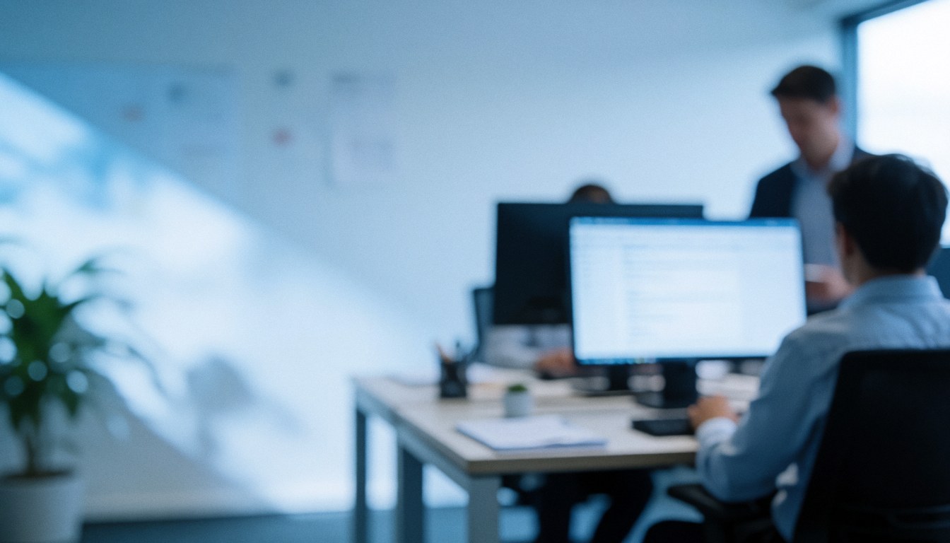 Espace de travail professionnel avec employés aux bureaux, écrans et plantes, ambiance détendue.