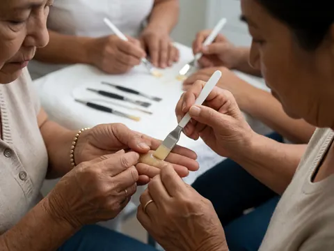 Des mains appliquant un sérum dans une clinique esthétique, avec des outils de beauté en arrière-plan flou.