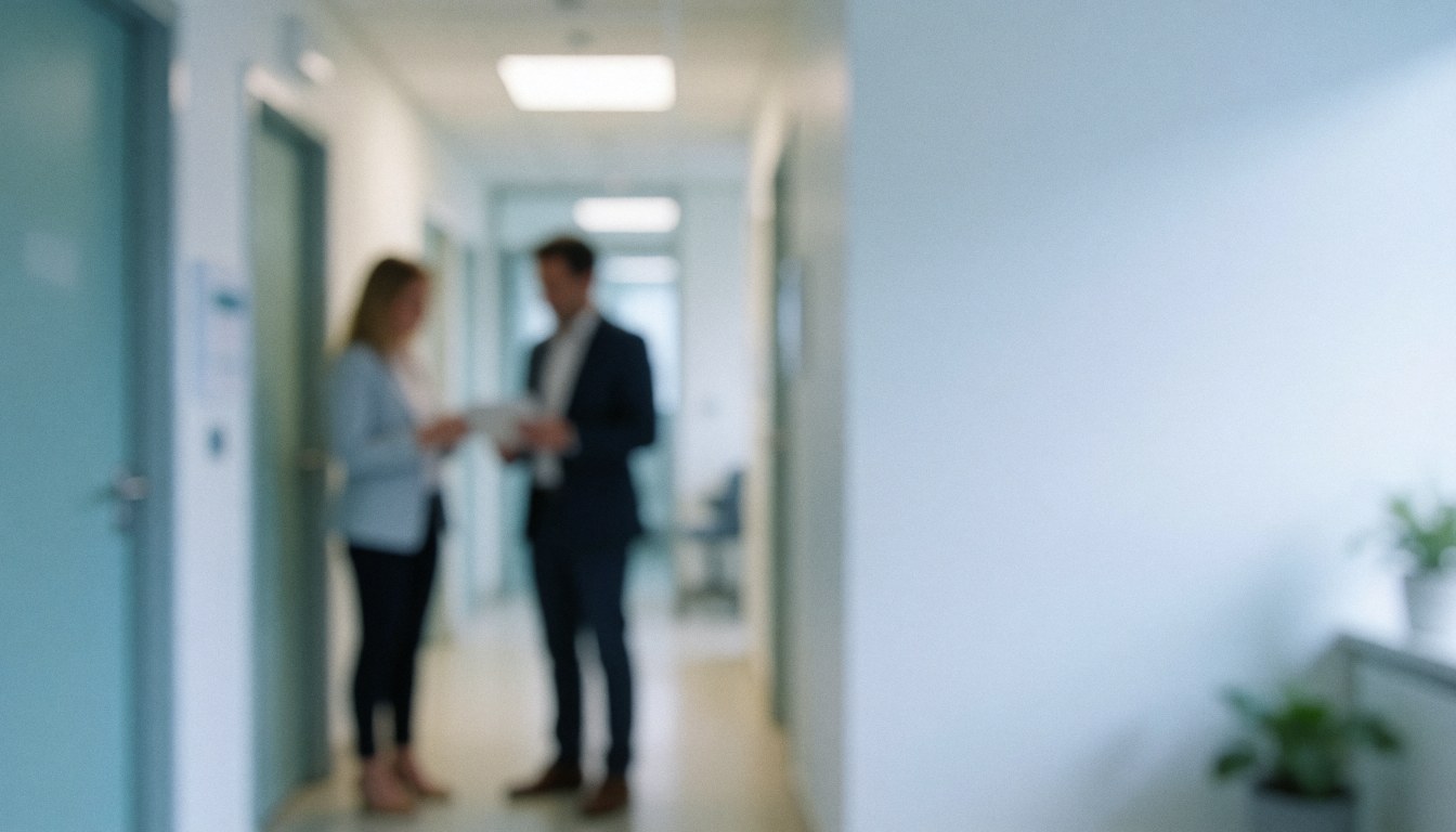 Couloir de clinique aux murs blancs et portes, deux personnes floues discutant, espace vide à droite pour texte
