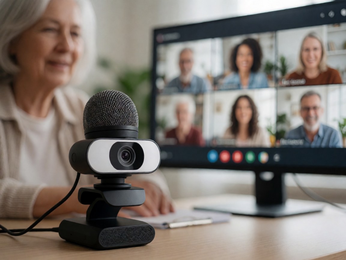 Webcam et micro professionnel sur bureau avec écran de cours en arrière-plan, idéal pour l'enseignement virtuel.
