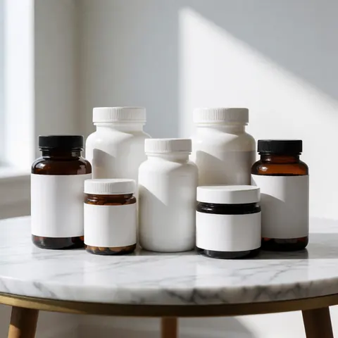 Bouteilles de compléments nutritionnels disposées sur une table en marbre blanc éclairée par la lumière naturelle, présentation professionnelle pour des produits de santé.