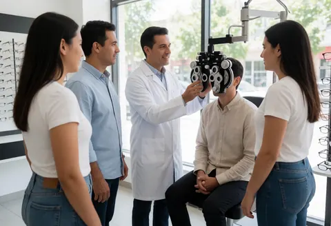 Un opticien en blouse blanche effectue un examen de la vue sur un patient assis devant un phoroptère dans une optique moderne éclairée par la lumière naturelle.