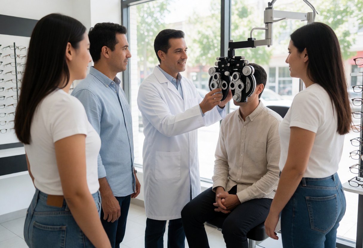 Un opticien en blouse blanche effectue un examen de la vue sur un patient assis devant un phoroptère dans une optique moderne éclairée par la lumière naturelle.