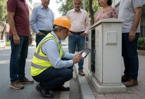 Un ingénieur effectue une inspection sur une boîte électrique dans un environnement de travail en extérieur.