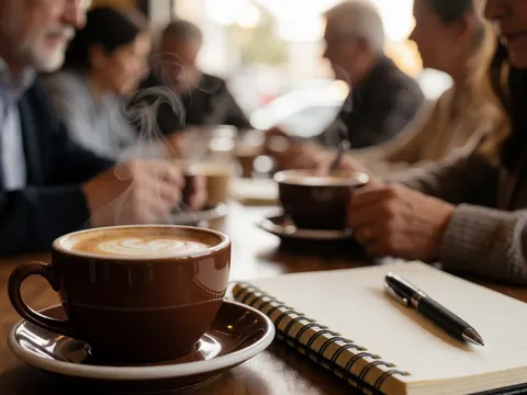 Tasse de café mousseux, carnet et stylo posés sur une table en bois dans un espace de coworking avec des personnes travaillant en arrière-plan