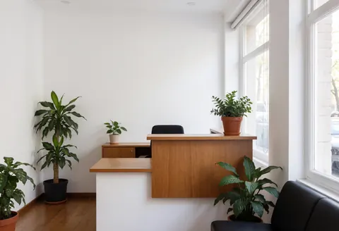 Réception de bureau moderne avec bureau en bois, plantes vertes et grandes fenêtres laissant entrer la lumière naturelle.